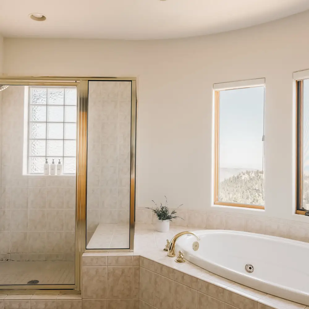 Walk-in glass shower and soaking tub in the primary bathroom
