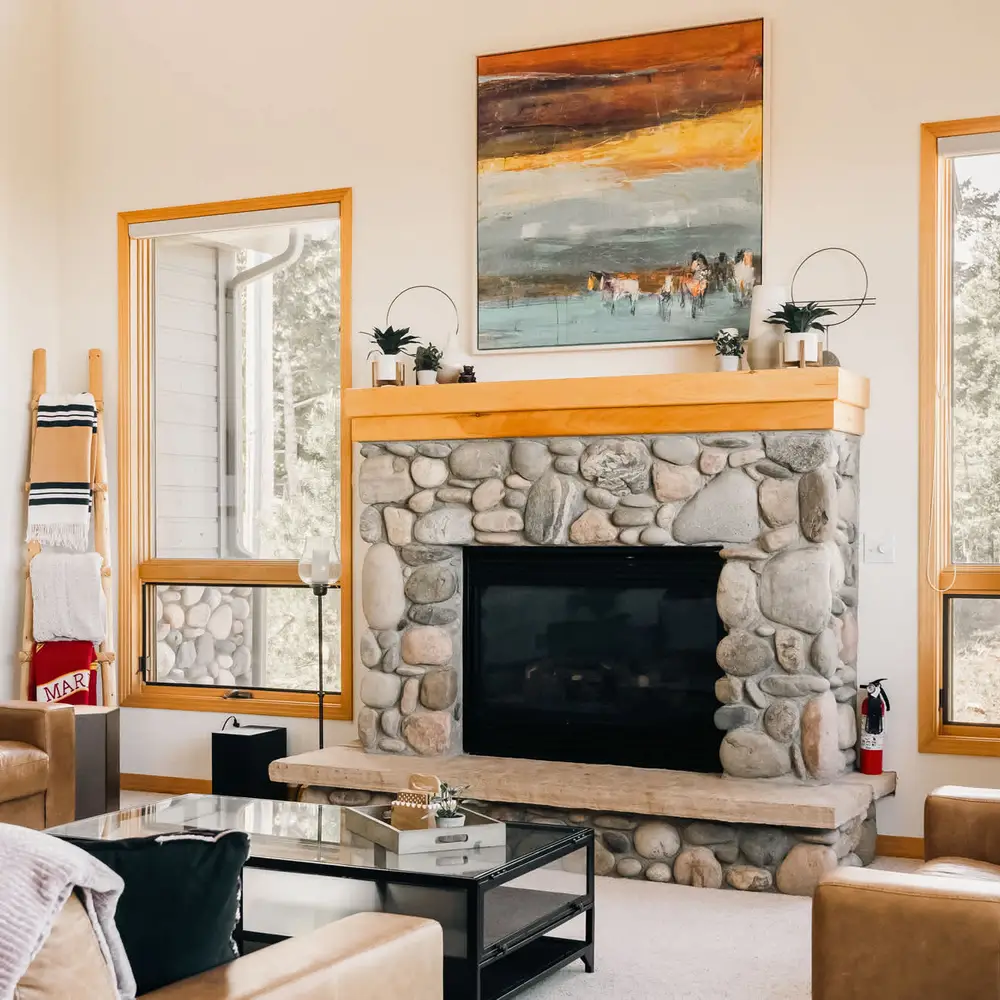 Main level living area with smart TV and gas fireplace