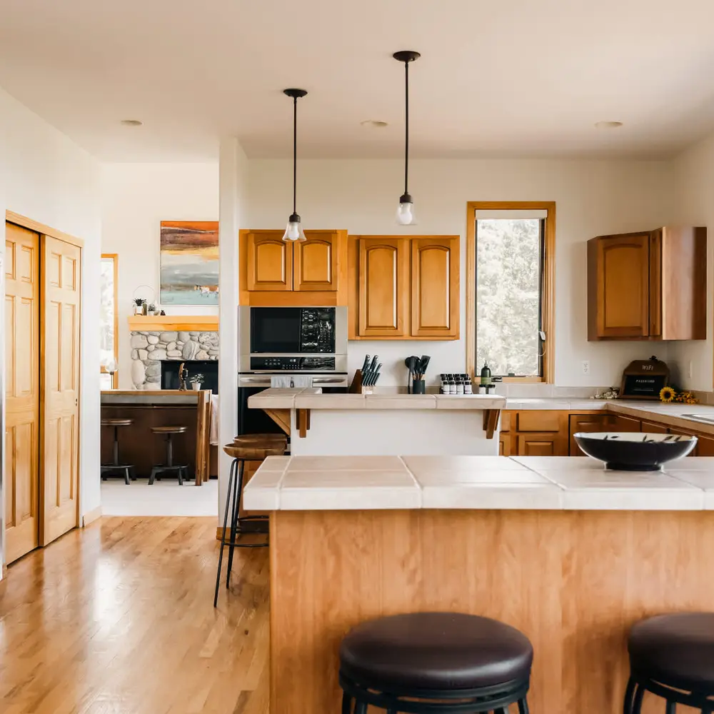 Bar-style seating at the kitchen island