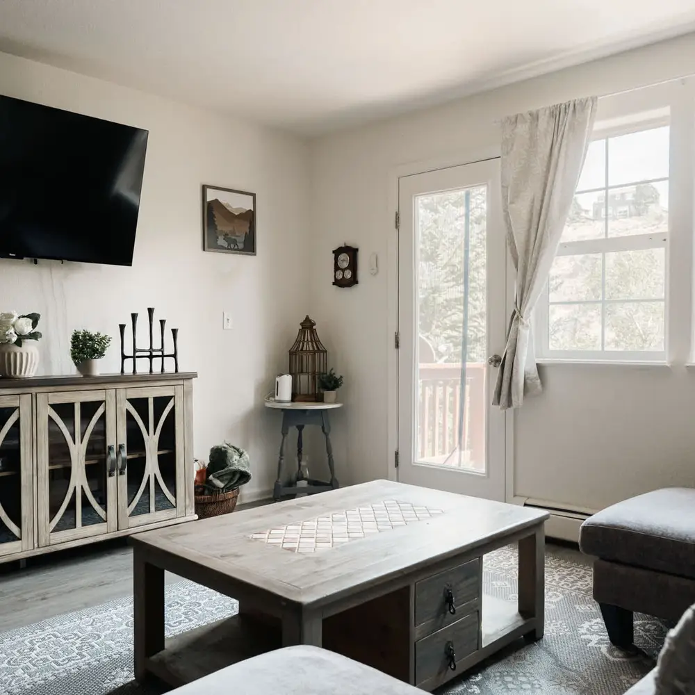 Living area with smart TV and balcony exit