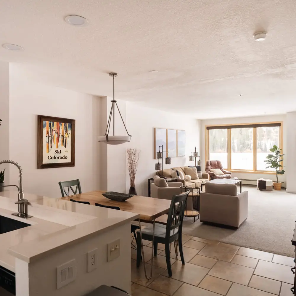 Kitchen, dining, and living areas