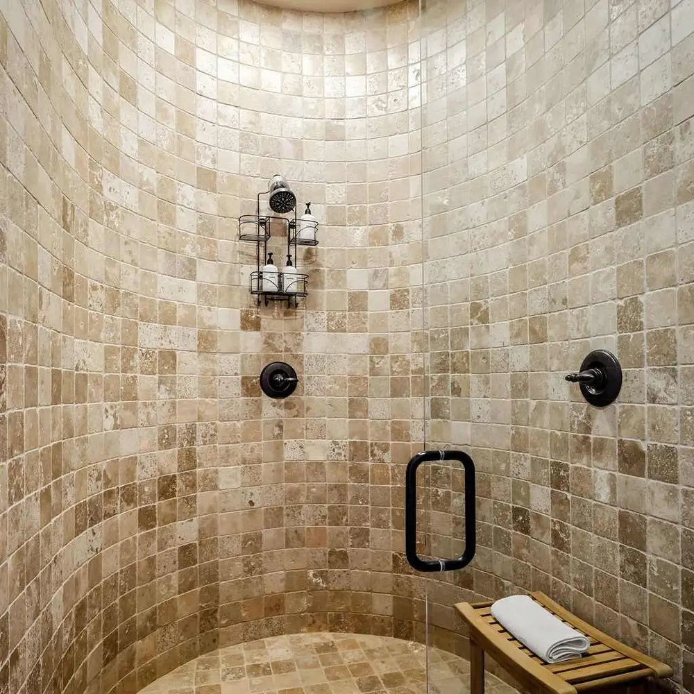 Primary full private ensuite bathroom with dual sinks, soaking tub, walk-in shower, and private patio exit