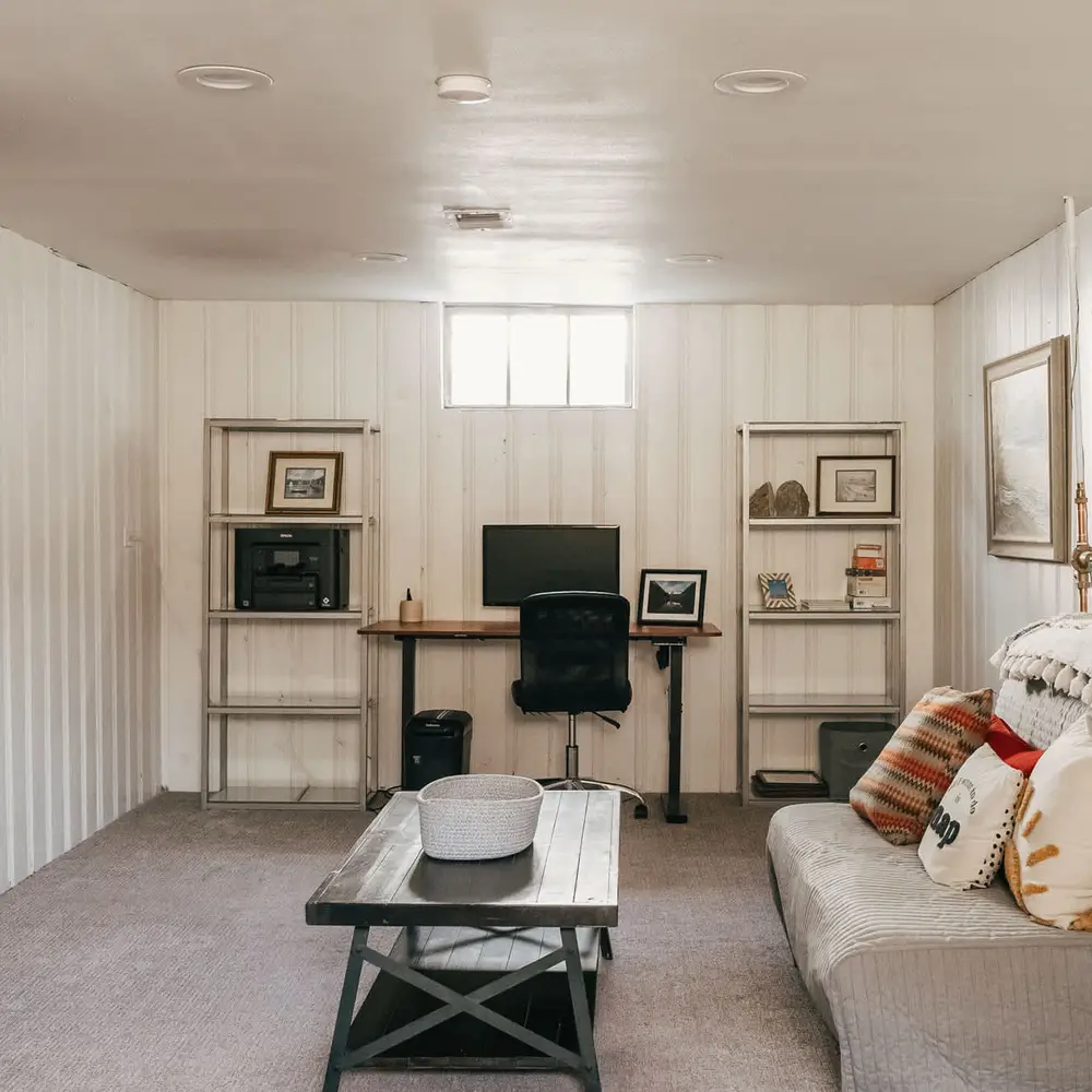 Basement living area with workspace