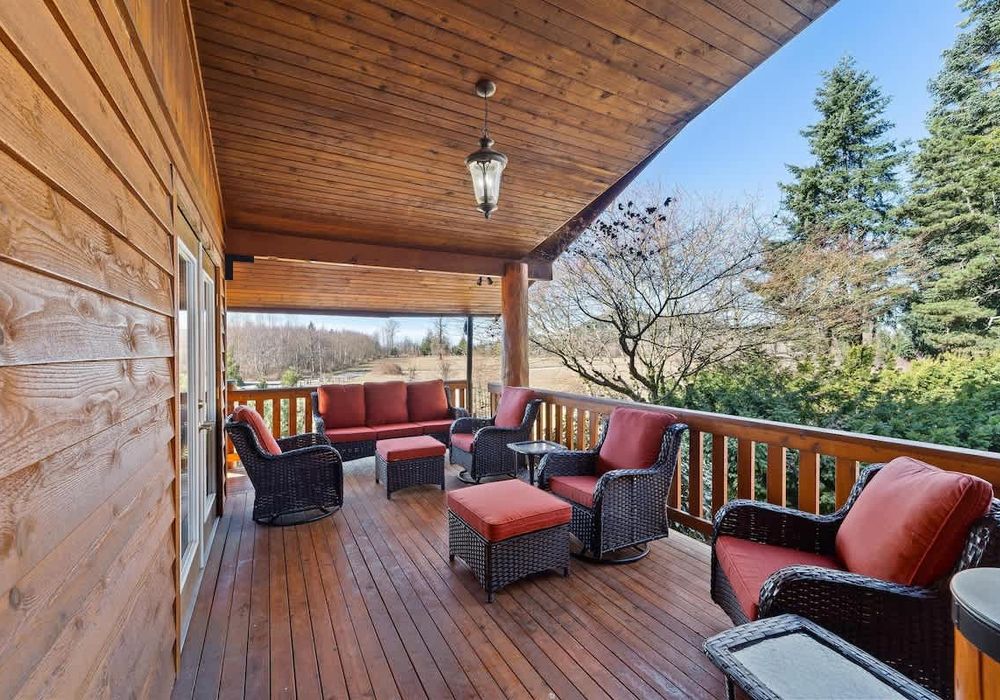 Covered outdoor seating with views as far as the eye can see.