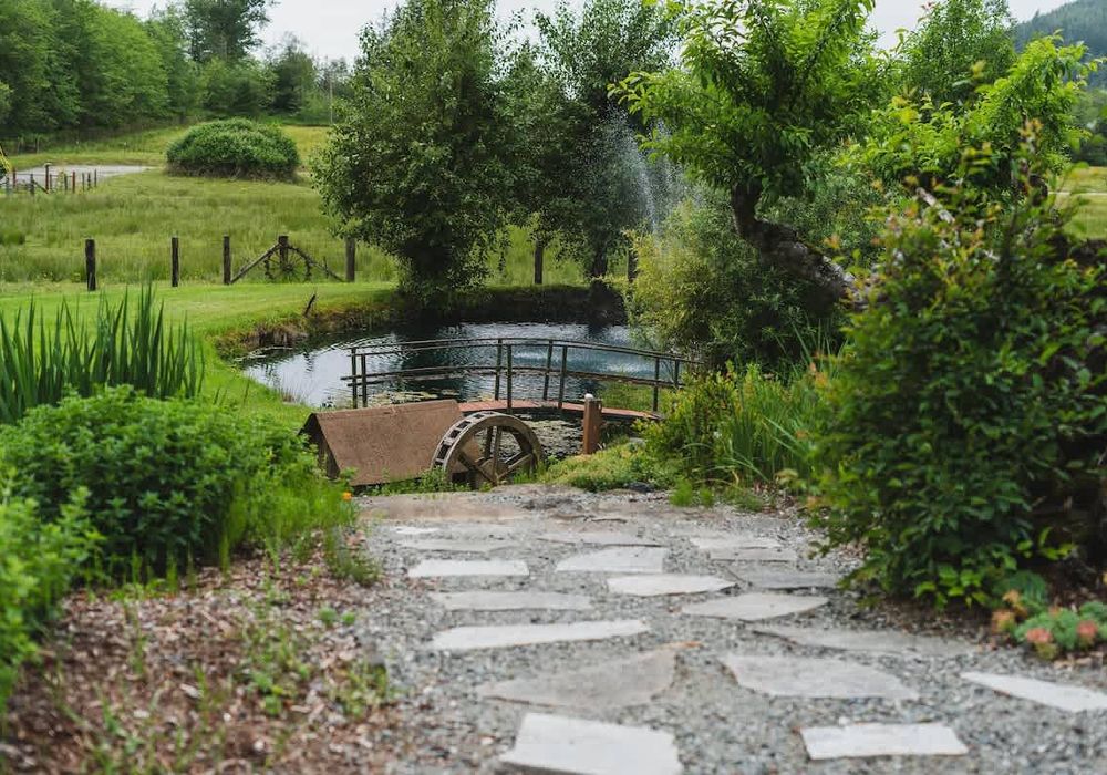 The pond on the property is just at the end of the driveway.