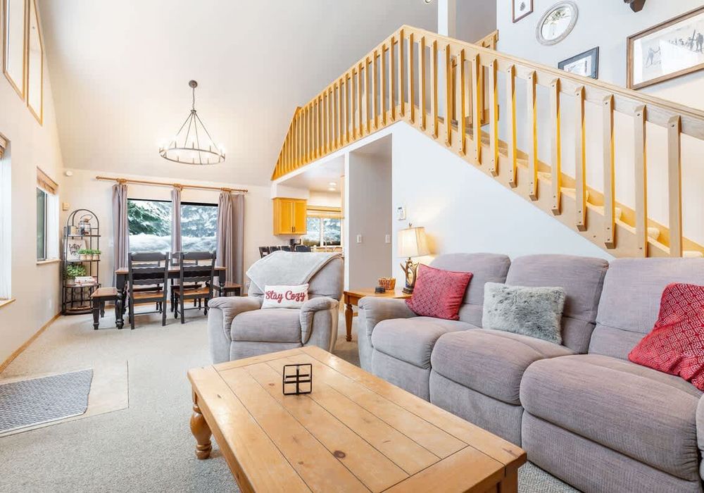 The second, loft living room with futon is upstairs.