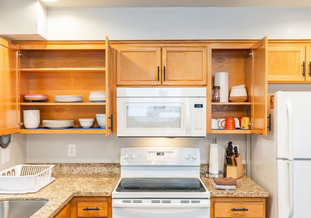 The cabin is equipped with a full kitchen.