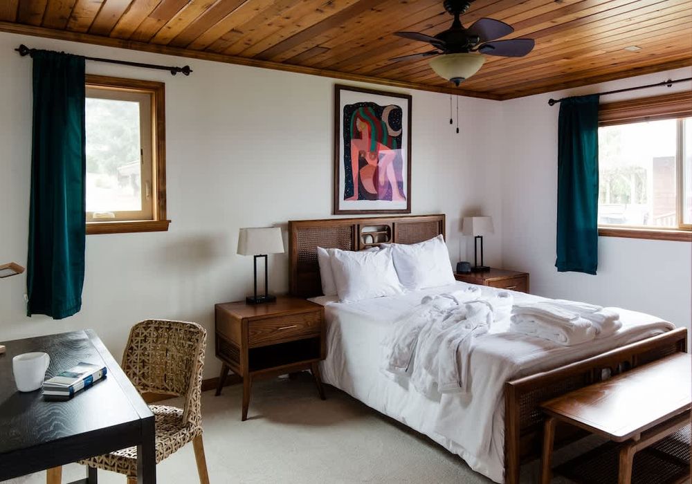Primary bedroom with Queen bed, luxury bed linens and comfy robes.