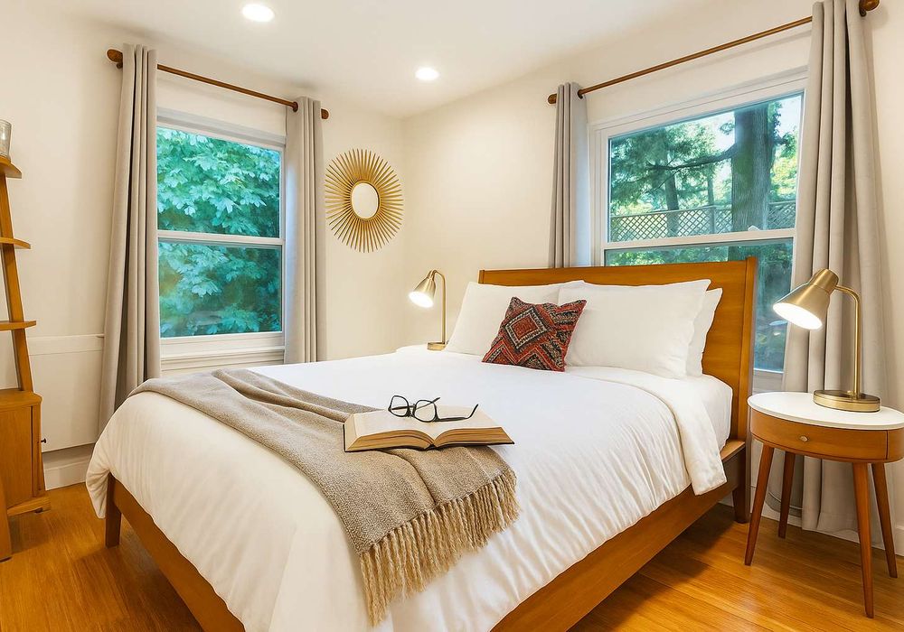 Queen bed with soft light and nearby closet. Easy to settle in and rest.