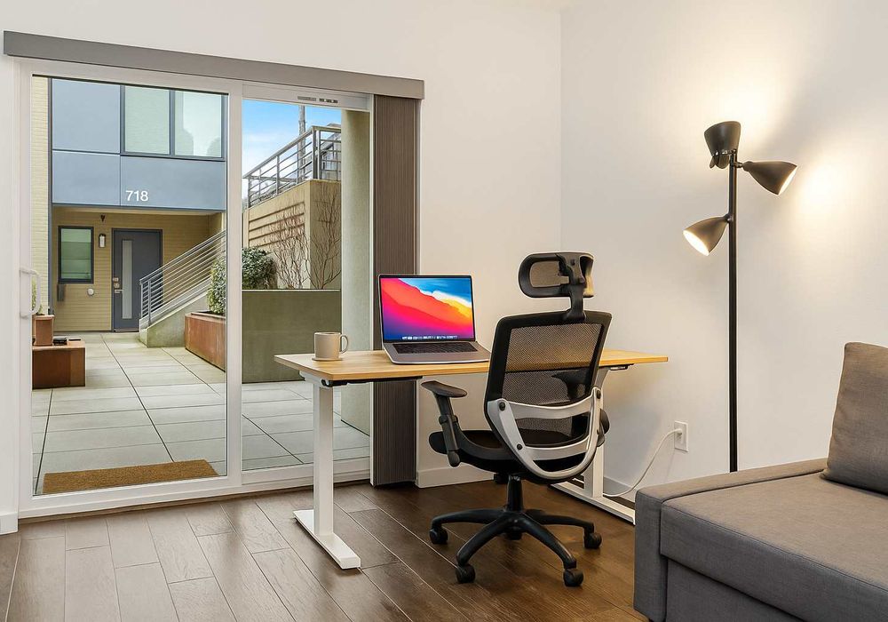 Work remotely or set up a quiet place to read. Includes desk and convertible seating.