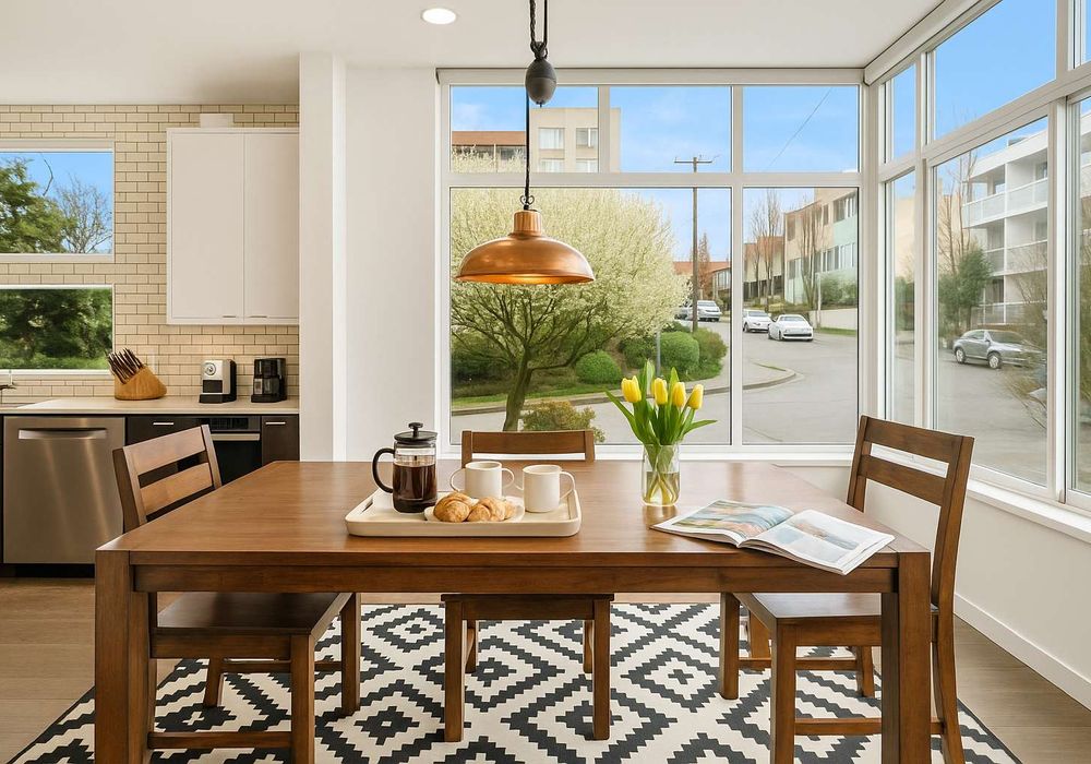 Open layout flows from kitchen to dining. Great for meals or informal gatherings.