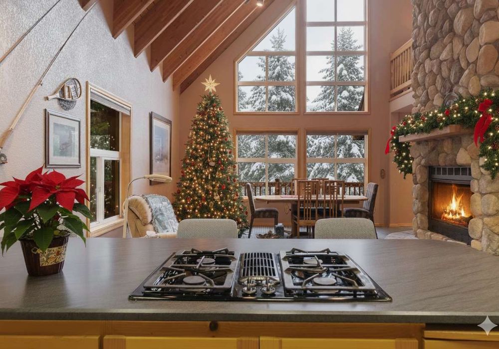 Holiday inspiration rendering – decor shown is AI-generated to capture the spirit of the season. The property is not currently decorated for Christmas.