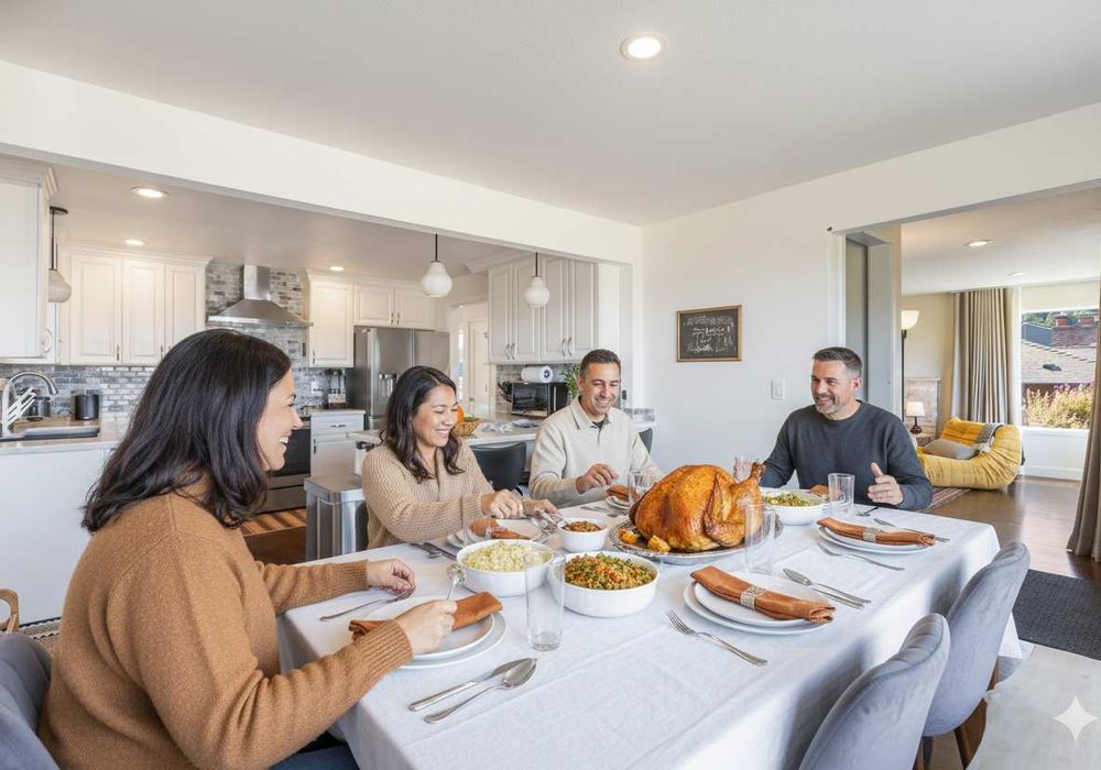 Plenty of space for your Thanksgiving gettogether.

Holiday inspiration rendering – decor shown is AI-generated to capture the spirit of the season. The property is not currently decorated for Thanksgiving.