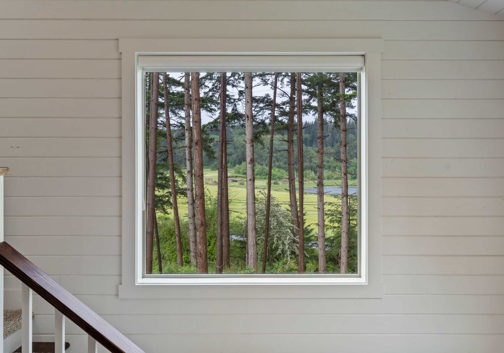 Natural light and greenery views through every window.