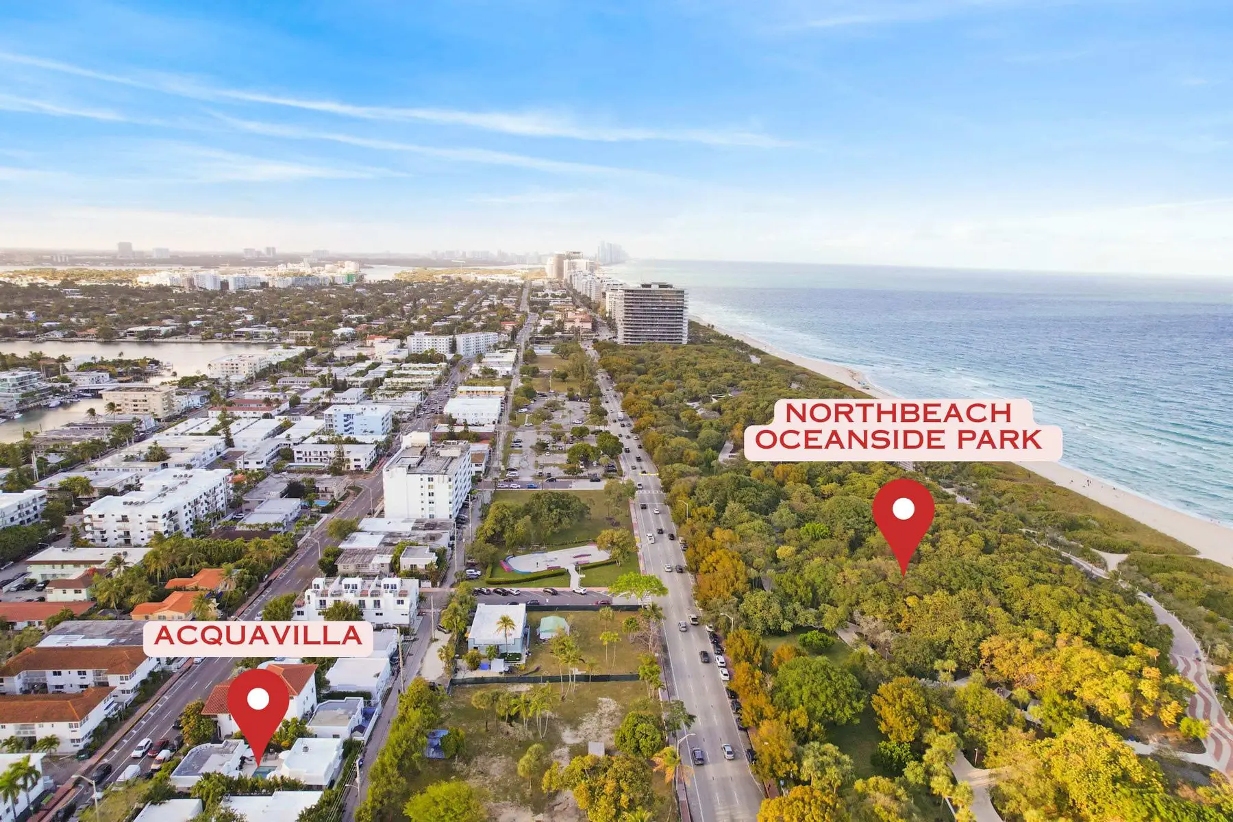 Aerial view showing AcquaVilla near North Beach Oceanside Park, Miami Beach