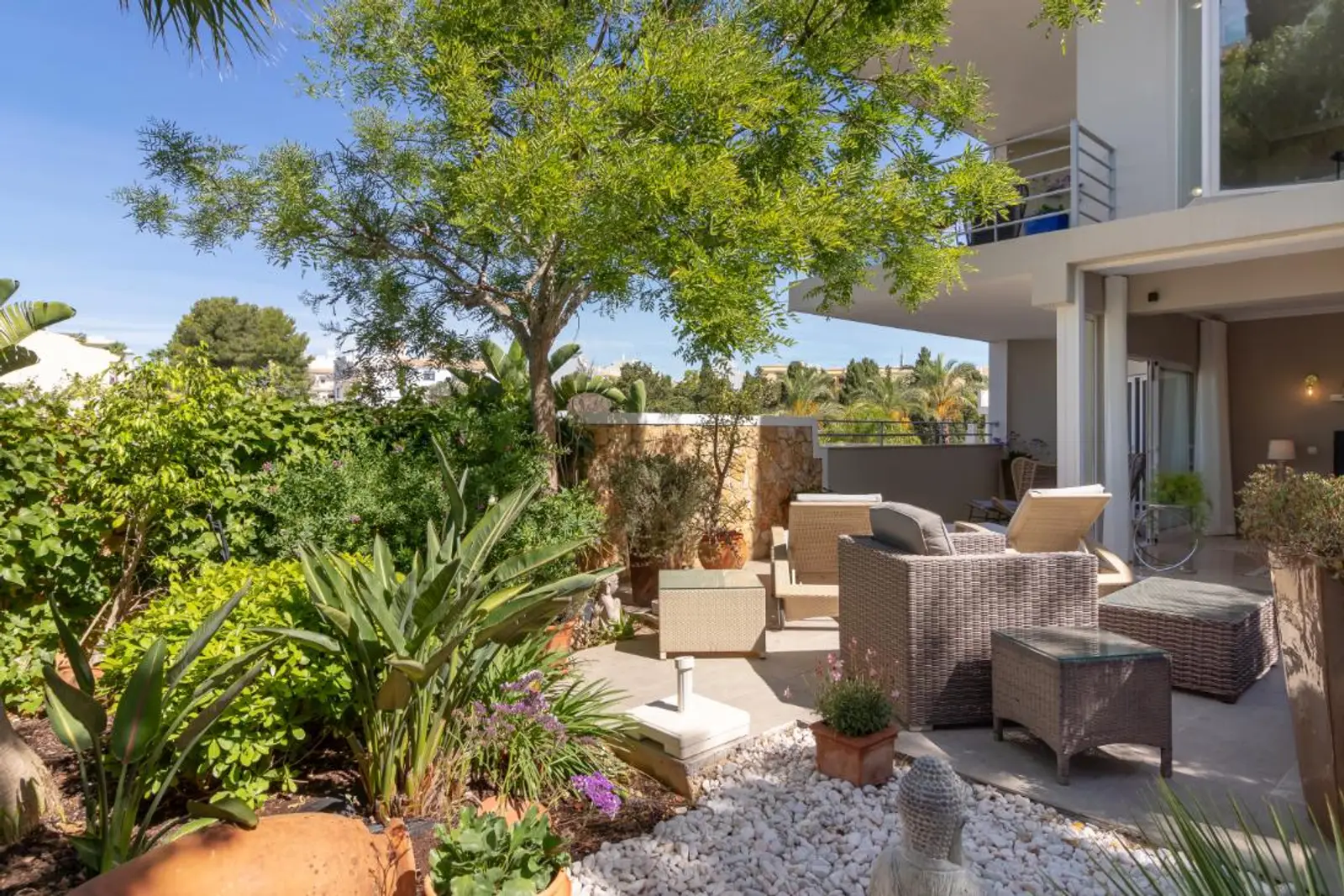 Garden terrace and building exterior seen through mature planting