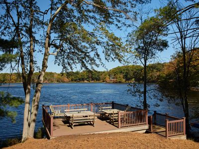 Private dock on the property with picnic tables for eating lakeside.