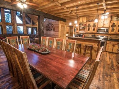 The formal dining area is designed for 12 people.