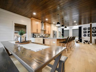 The dining area and kitchen.