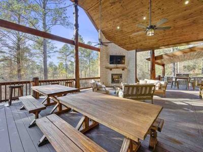 Outdoor dining area under the covered patio.