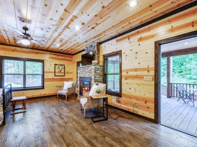 The Master has additional seating around the fireplace and direct patio access