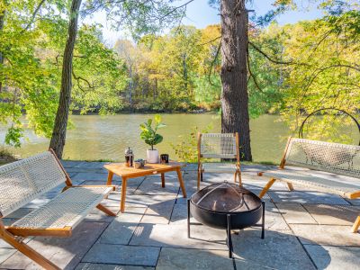 Patio furniture and fire pit.