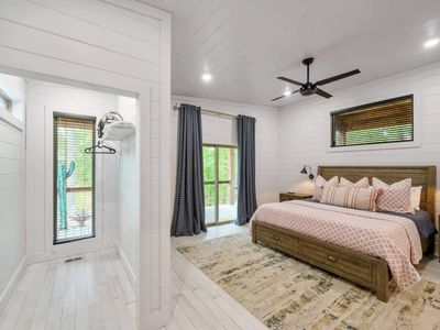 The sliding doors give guests of this room access to the outdoor patio.