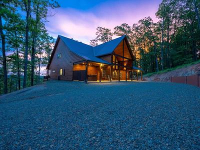 Views of Mountain Dance Lodge at sunset.