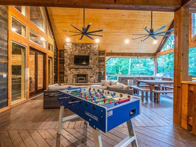 A foosball table on the patio.