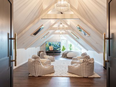 Media room in the attic space for cozy movie nights!