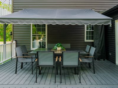 A retractable awning for eating al fresco on sunny days.