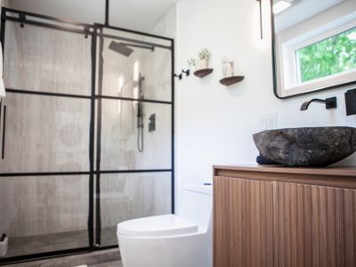Bathroom interior with shower.
