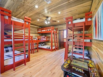 The bunk room with NINE Twin XL beds.