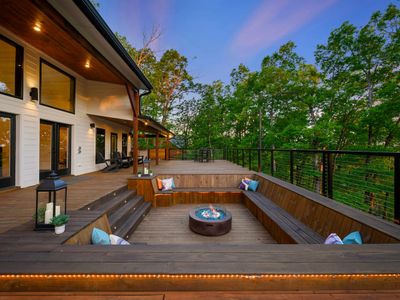 Custom built sunken deck with fire pit.