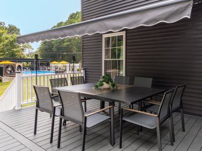 A retractable awning for eating al fresco.