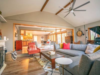 Enjoy the fireplace and comfy sectional couch for chilly nights.