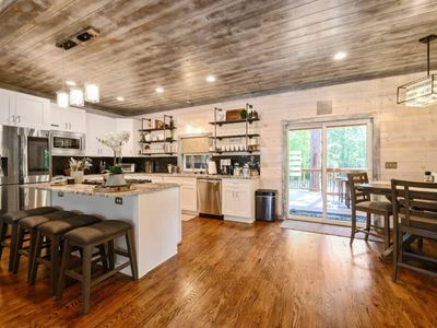 The kitchen and dining area area seamlessly connected.