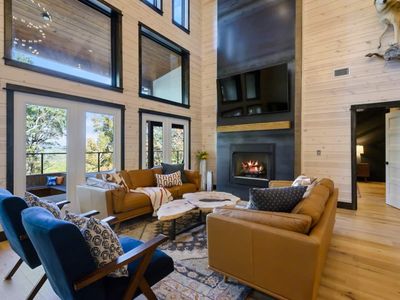 Lounge seating around the floor to ceiling fireplace!