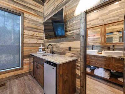The wet bar and a look into the private bath!