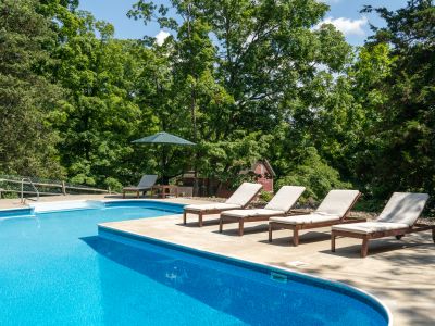Enjoy a dip in the pool, surrounded by trees and under the open sky.