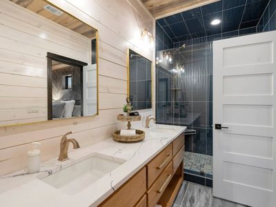 Ultra-lux private attached bath  with double vanity.