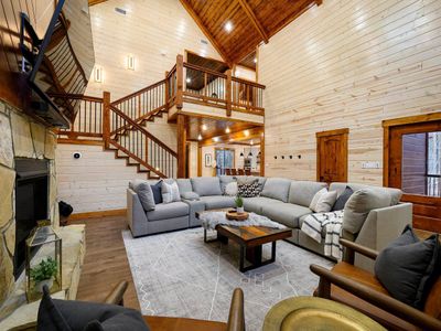 With easy outdoor and kitchen access, the living area is the heart of this cabin