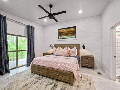 The sliding doors give guests of this room access to the outdoor patio.