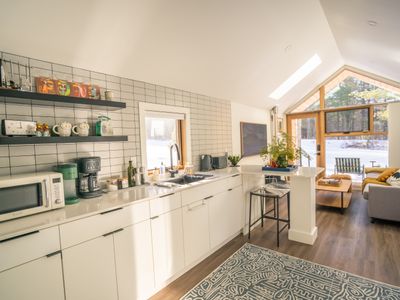 Views from the cozy kitchen toward the living room