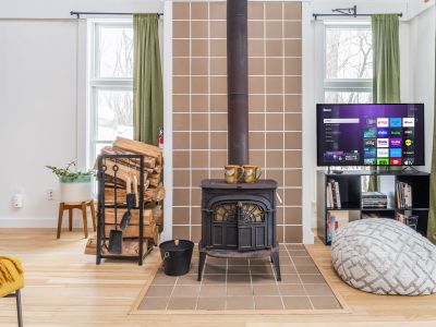 The wood stove in the guest house keeps things nice and cozy.