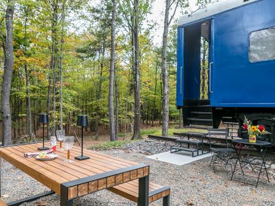 Fire pit and hammock located through the trees.