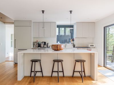 The chef's kitchen is filled with light.