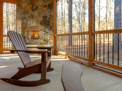 Rocking chairs and additional seating as well as the fireplace!