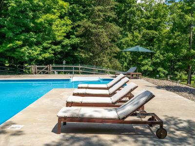 Enjoy a dip in the pool, surrounded by trees and under the open sky.