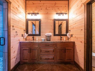 A double vanity and walk-in shower for King Bedroom 1